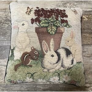 Chenille Easter Tapestry Throw Pillow Bunny Rabbits & Squirrel 15" X 15"
